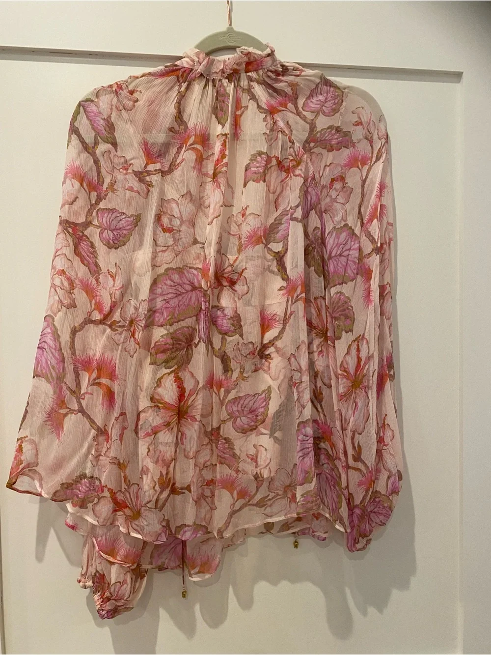 Zimmermann Matchmaker Billow Blouse, Pink Floral Tie Neck, Size 1